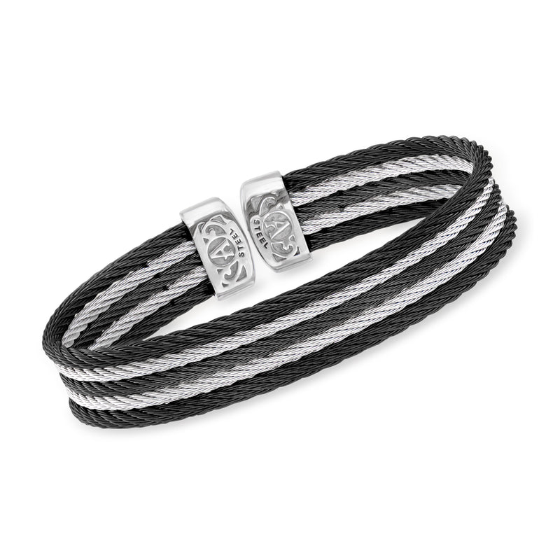 Black and gray multi-strand cable cuff bracelet with stainless steel clasp plates