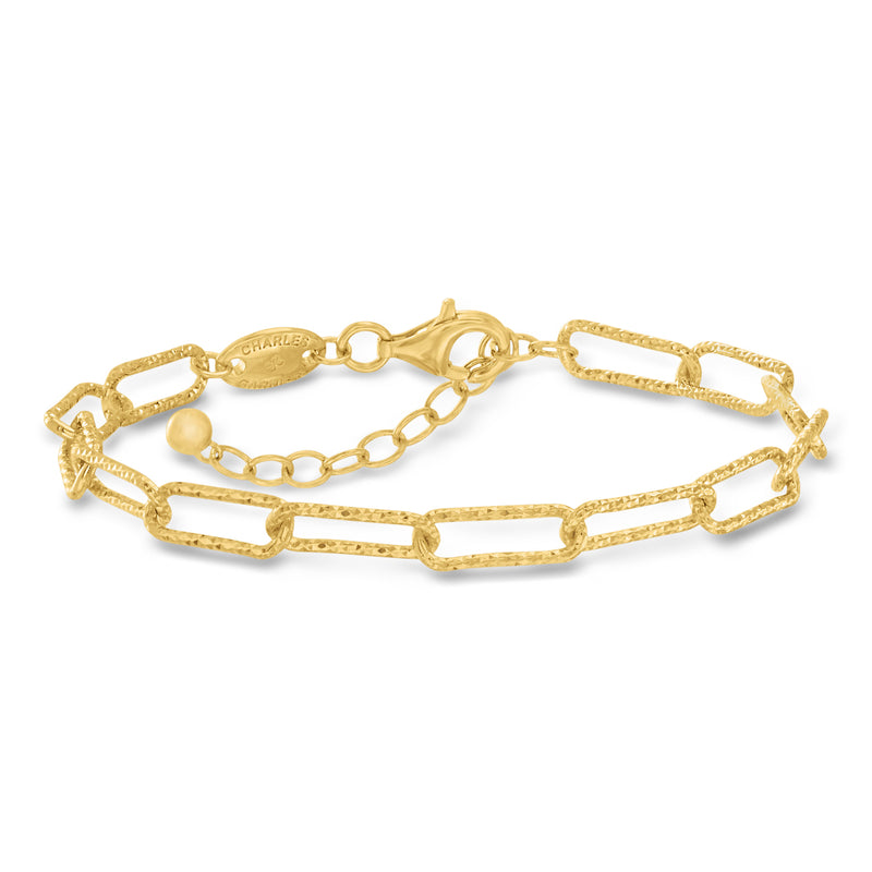 Gold paper clip link bracelet with oval and box-style chain links