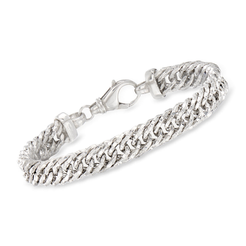Sterling silver oval-link bracelet with textured and polished links and spring-ring clasp