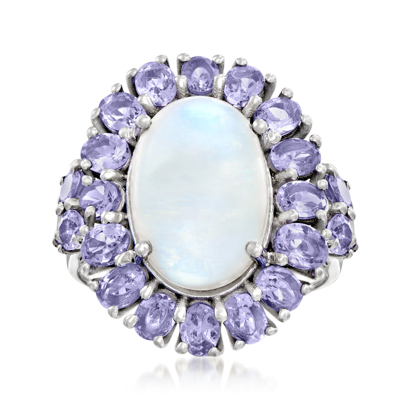 Sterling silver ring with oval opalescent moonstone and oval tanzanite halo