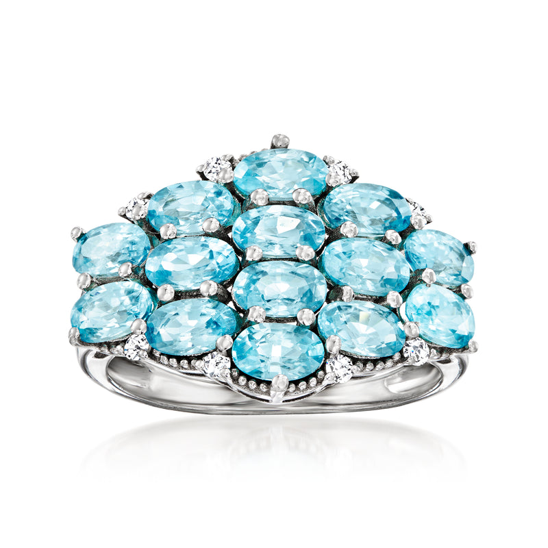 Sterling silver zircon ring with oval blue stones and small white accents