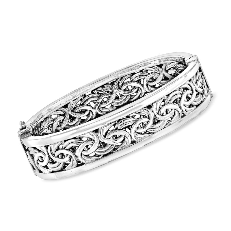 Sterling silver Byzantine bangle bracelet with openwork chain links and polished border