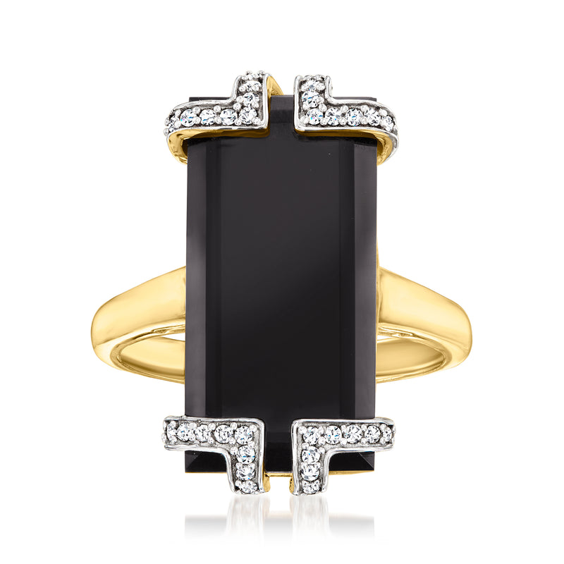 18kt gold over sterling ring with large rectangular black onyx and diamond accents