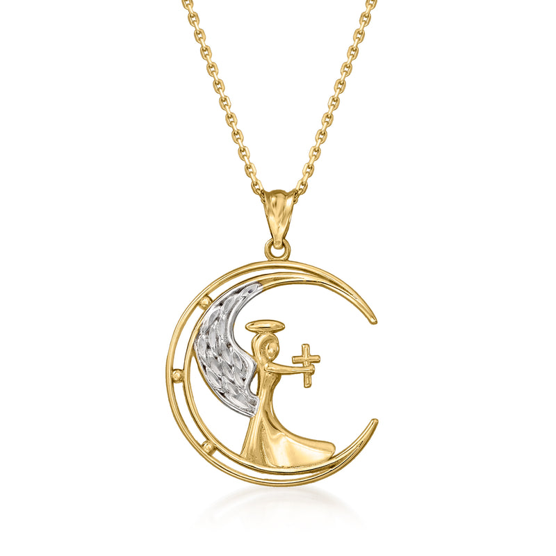 Two-tone gold crescent moon pendant necklace with angel and cross detail