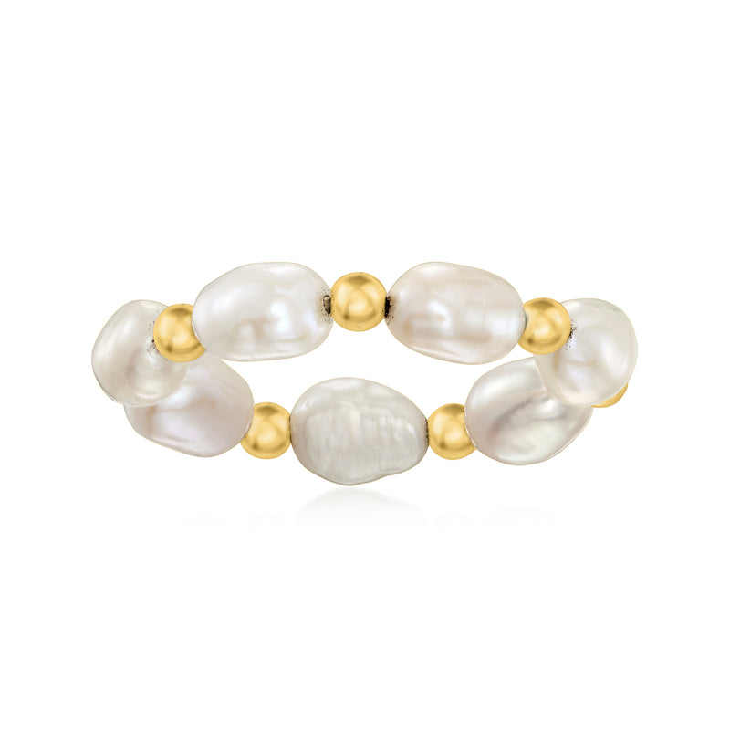 Cultured baroque pearl stretch ring with white pearls and 14kt yellow gold bead links