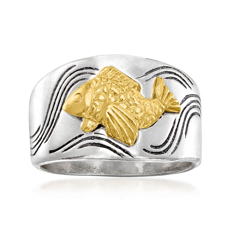 Two-tone silver ring with gold fish motif and wave stream details