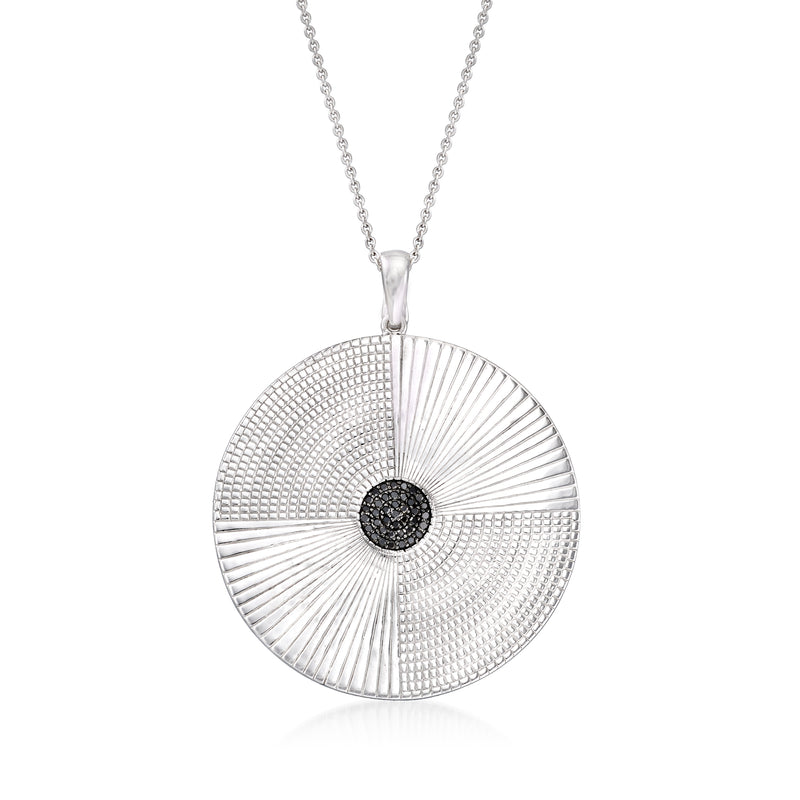 Sterling silver diamond fan medallion pendant necklace with black diamond center