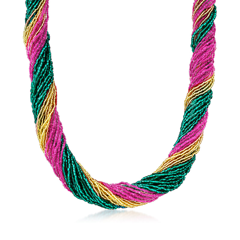 Multicolored Murano glass bead torsade necklace with gold over sterling chain