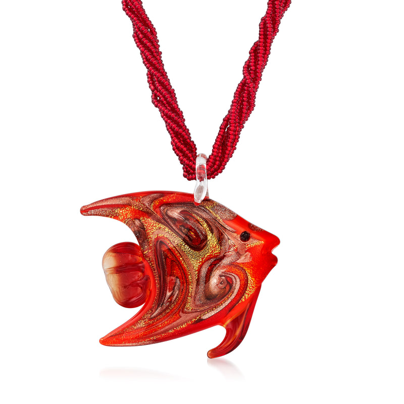 Red Murano glass angelfish pendant necklace with gold-tone bail on red beaded chain