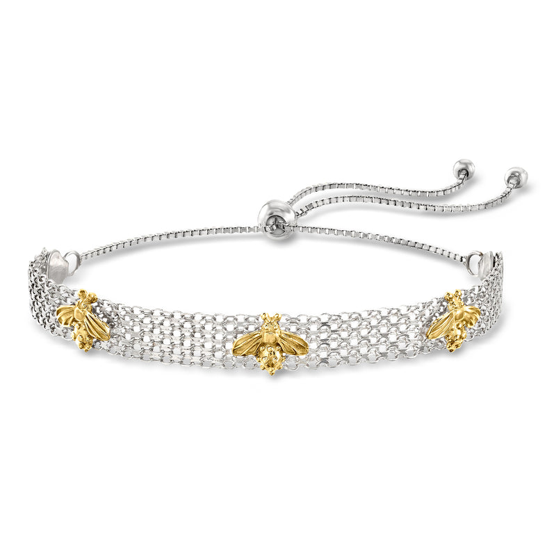 Two-tone bolo bracelet with silver mesh and three gold bumblebee charms