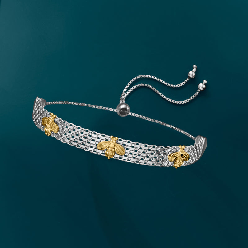 Two-tone bumblebee bolo bracelet, silver mesh with gold bee motifs and braided ends