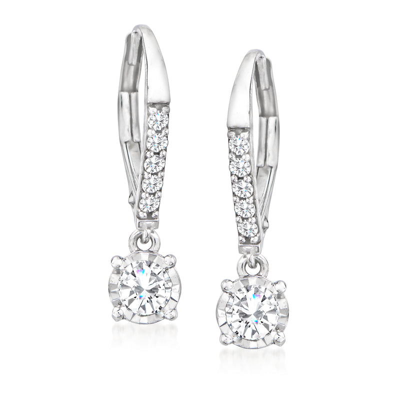 14kt white gold leverback diamond drop earrings with round center stone
