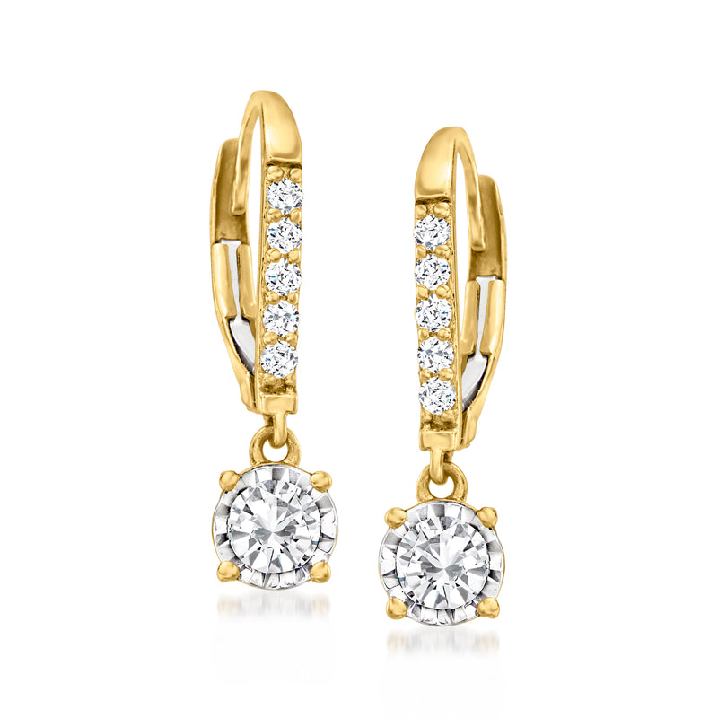 14kt yellow gold diamond drop leverback earrings with round bezel stones