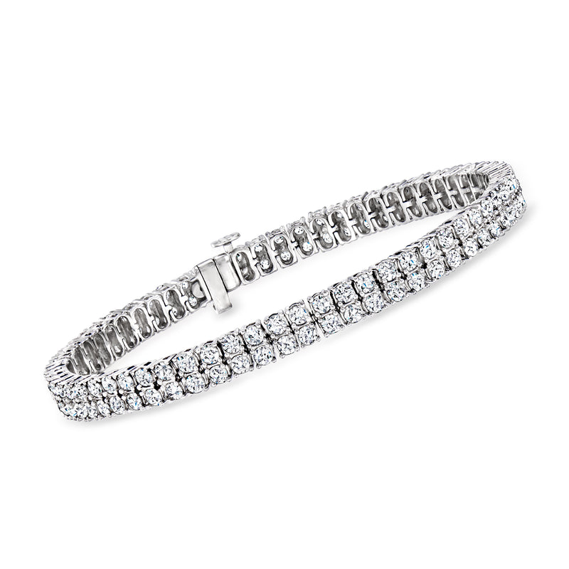 Two-row tennis bracelet with round diamonds in white gold, hinged clasp