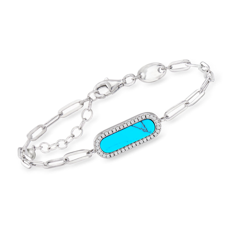 Sterling silver paper clip link bracelet with turquoise oval CZ accent