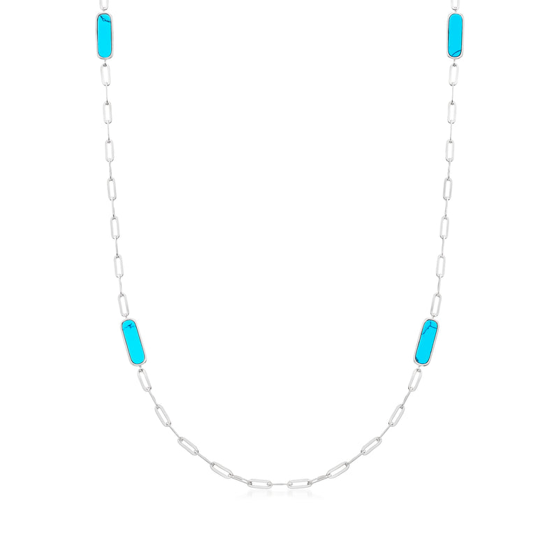 Turquoise paper-clip station necklace with sterling silver chain and link stations