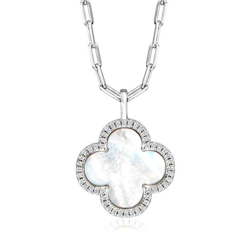 Silver-tone paper clip chain necklace with mother-of-pearl clover pendant and CZ border
