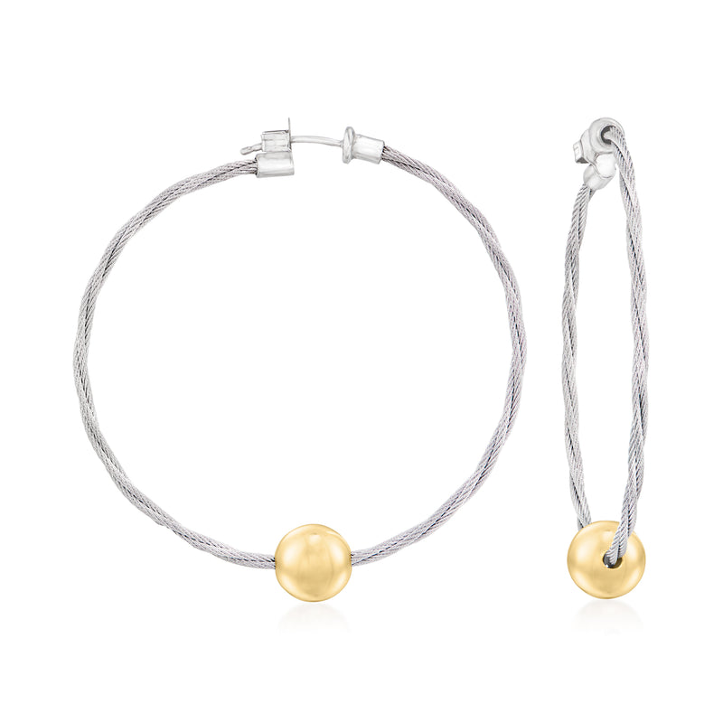 Gray stainless steel cable hoop earrings with 14kt yellow gold ball accents