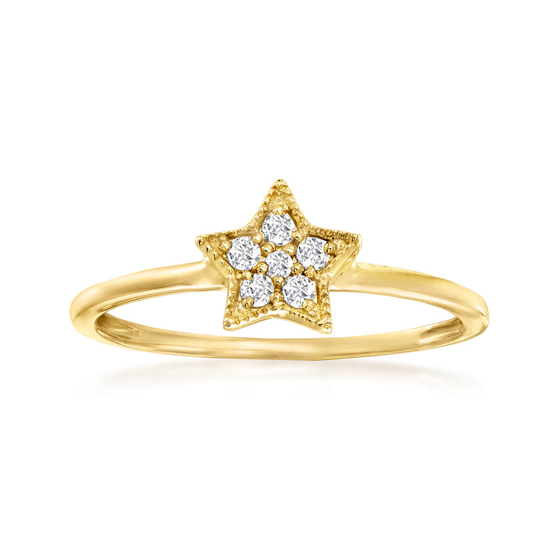 14kt yellow gold diamond star ring with bezel-set round stones, low-profile band