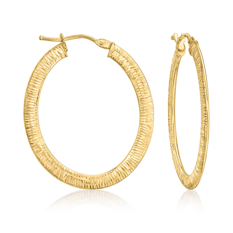 14kt yellow gold reversible hoop earrings with textured ridged oval front