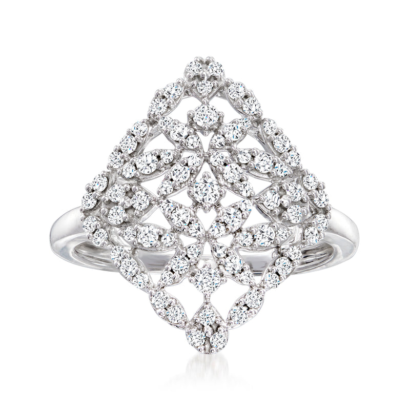 14kt white gold diamond openwork ring with lattice-style setting of round stones