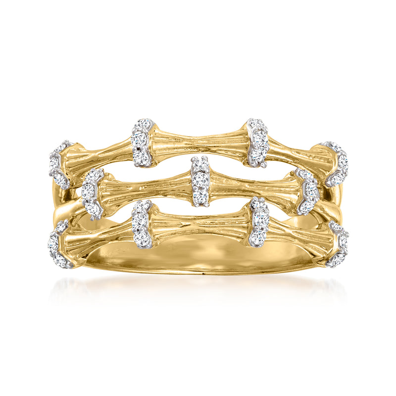 18kt gold over sterling bamboo-style multi-row ring with clear diamond-like stones
