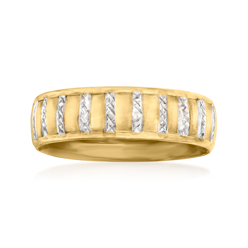 Two-tone gold stripe ring with alternating gold and silver-toned insets
