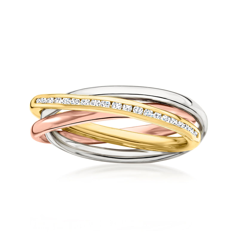 Tri-colored sterling silver diamond multi-row ring with gold, rose, and white bands