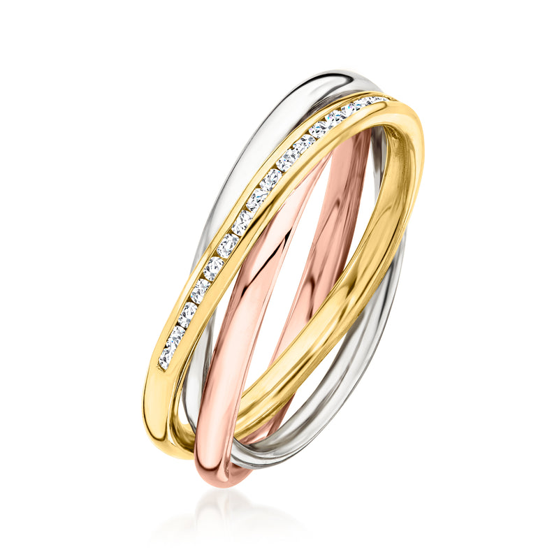 Tri-colored multi-row diamond ring with white, gold, and rose bands, side view