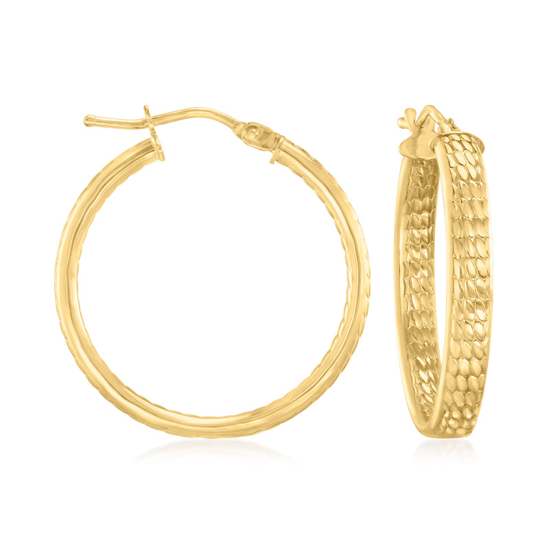 14kt yellow gold hoop earrings with scale-pattern texture and hinged hoop detail