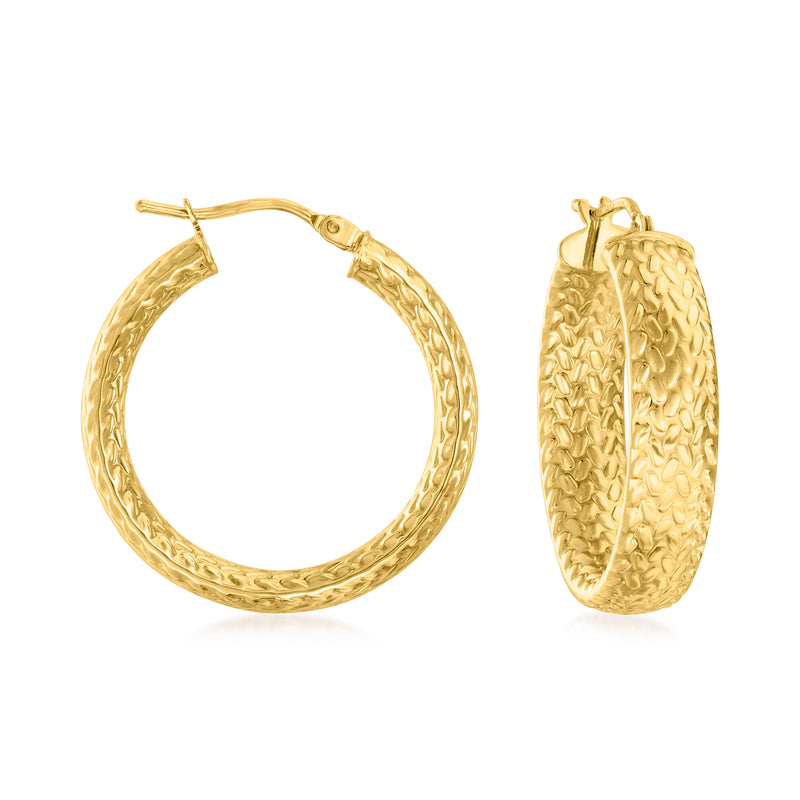 14kt yellow gold hoop earrings with scale-pattern inner and outer surface