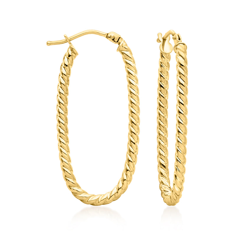 14kt yellow gold twisted oval hoop earrings with post and hinge closure