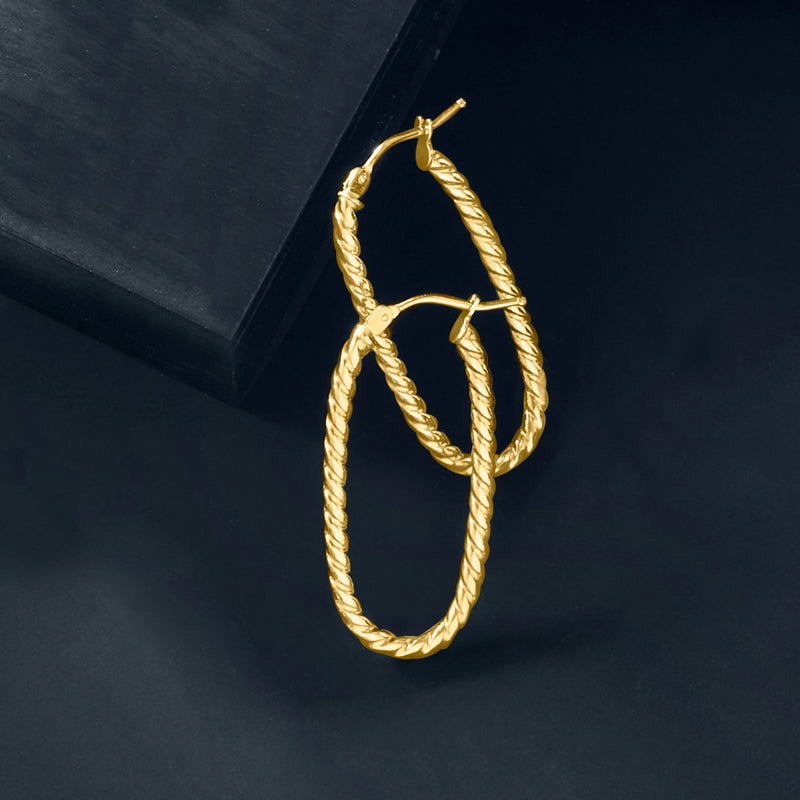 14kt yellow gold twisted oval hoop earrings, side view with hinged stud back