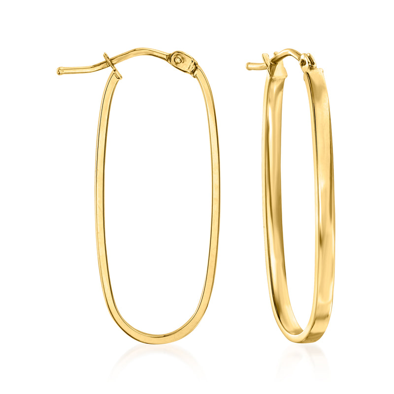 Yellow gold flat-oval hoop earrings with hinged post and clasp back