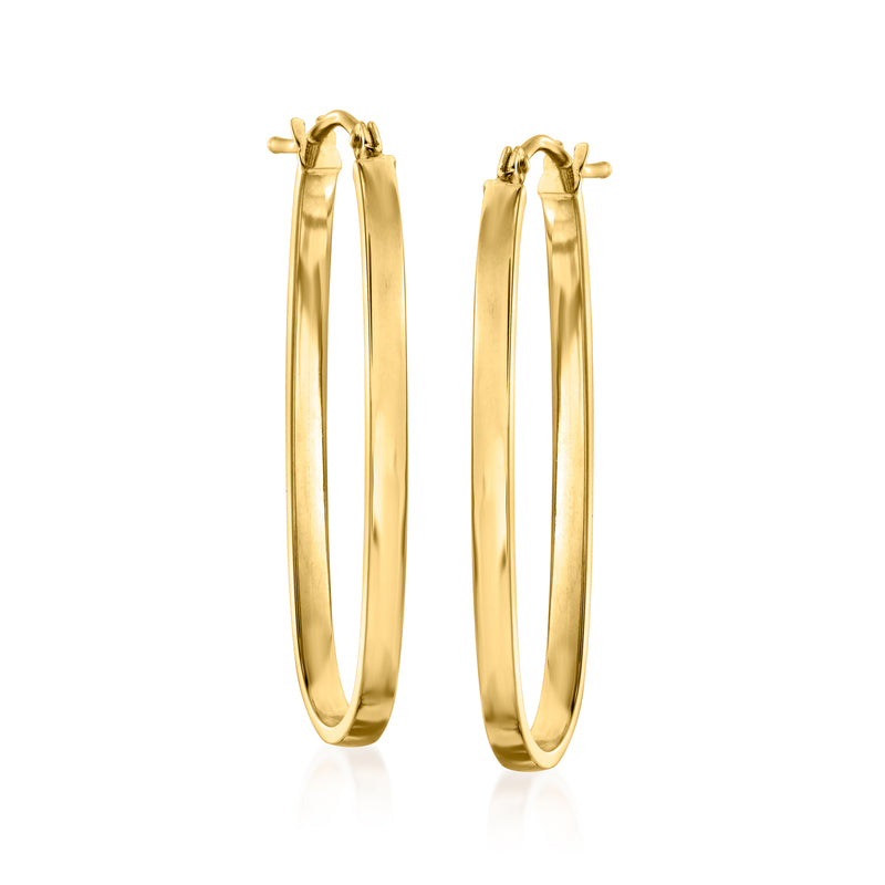 Yellow gold flat-oval hoop earrings, front view with top clasp detail