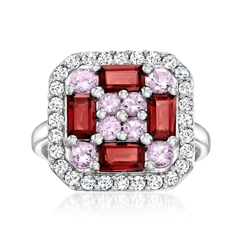 Sterling silver ring with red garnet, pink amethyst, and white topaz halo