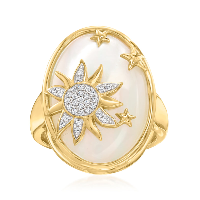 Celestial gold ring with oval mother-of-pearl top and starburst diamond motif