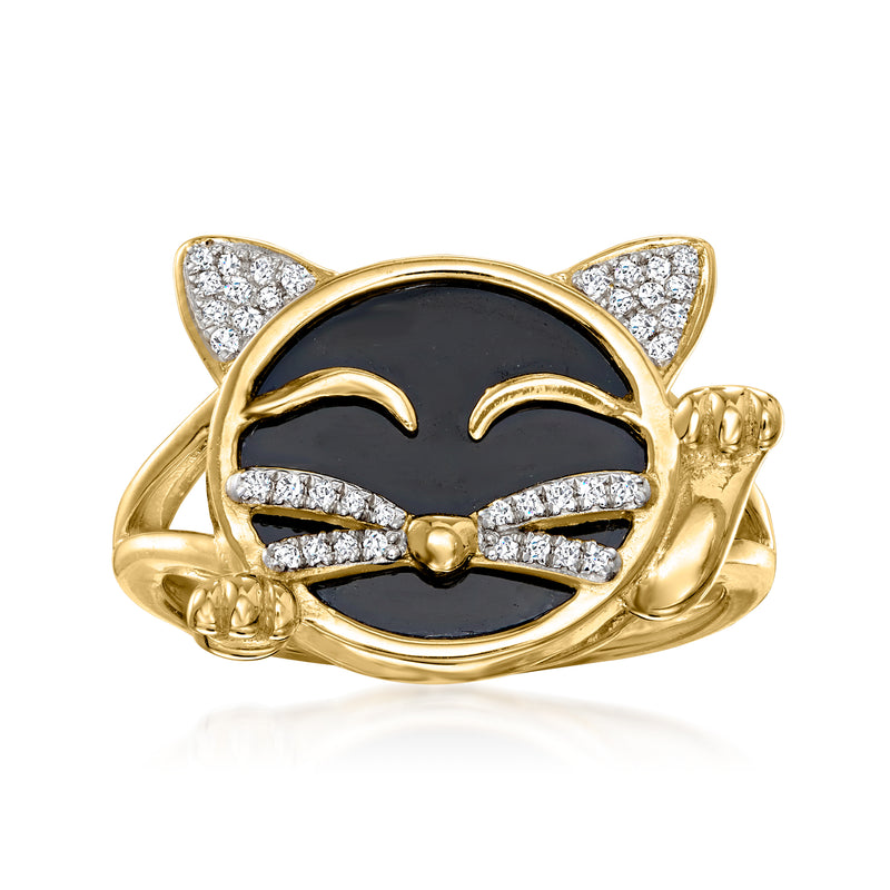 Gold cat ring with black agate center and diamond-like pave eyes and bow accents