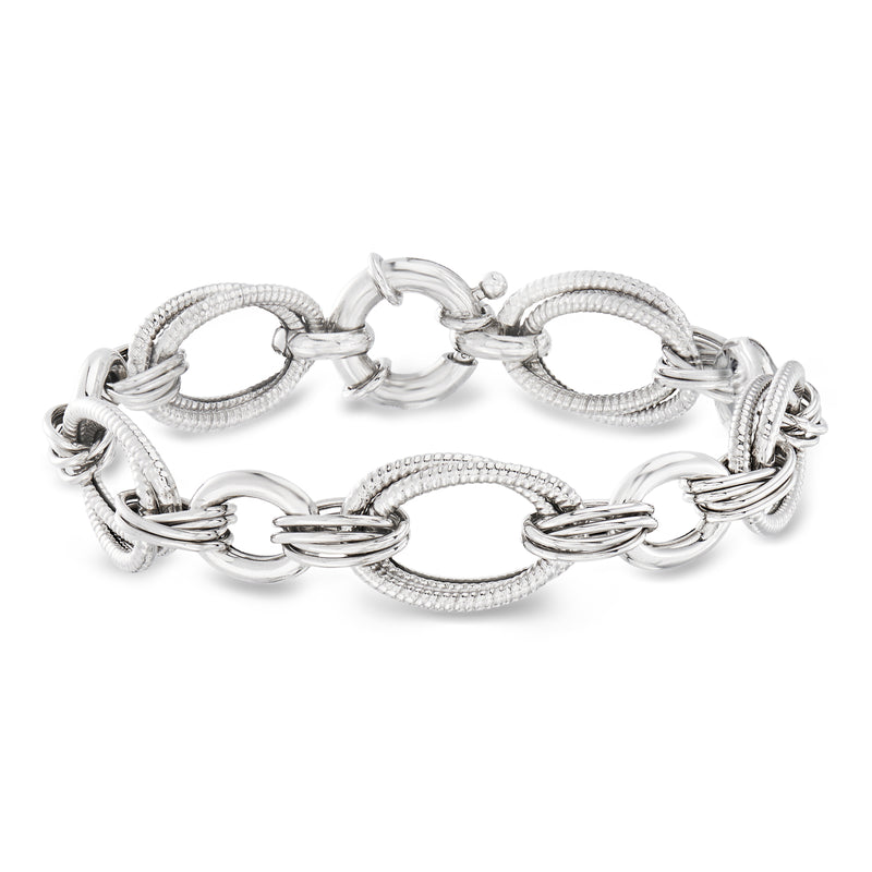 Italian sterling silver multi-oval link bracelet with oval and round textured links
