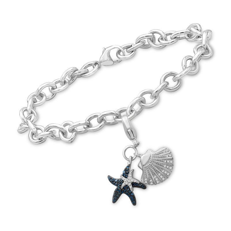 Sterling silver charm bracelet with starfish and shell sea-life charms, blue accents