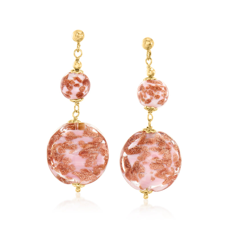 Pink Murano glass bead drop earrings with gold-tone links and double round beads