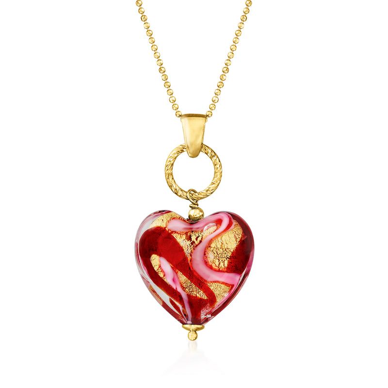 Gold heart pendant necklace with red and pink Murano-style glass heart charm