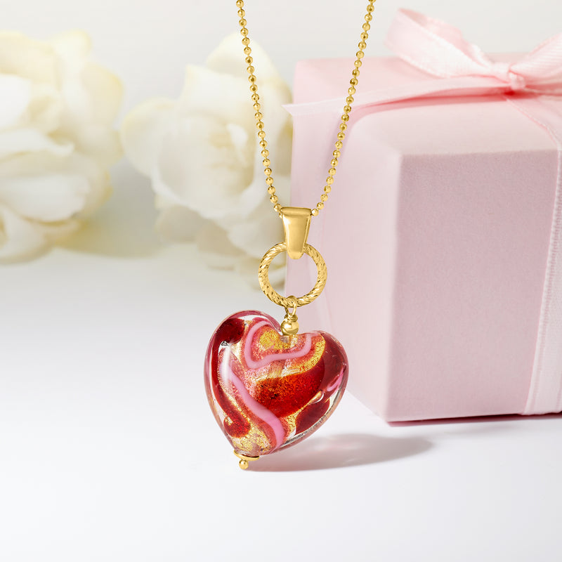 Gold heart pendant necklace with red and pink Murano glass heart charm