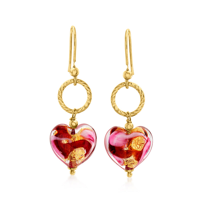 Gold heart drop earrings with red and pink Murano glass hearts and hoop links