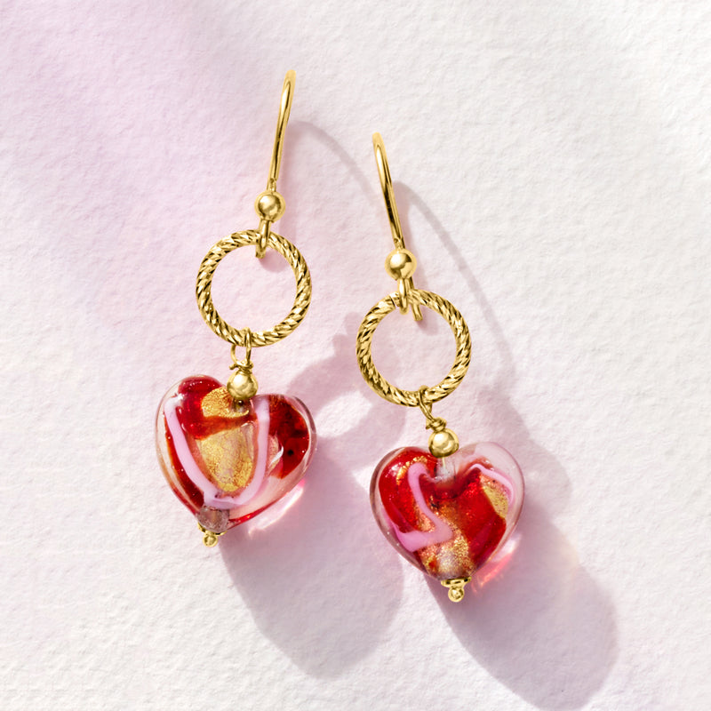 Gold hoop-linked drop earrings with red-pink heart Murano glass beads