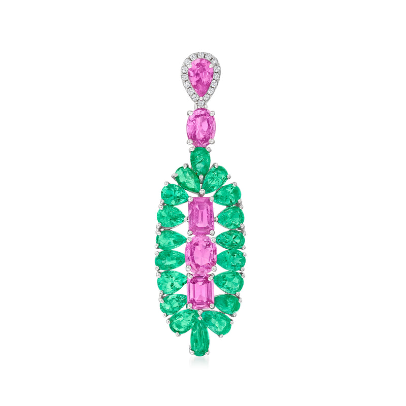 Emerald green and pink gemstone pendant with diamond accents, teardrop design