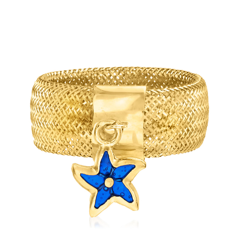 Yellow gold mesh ring with blue enamel starfish charm