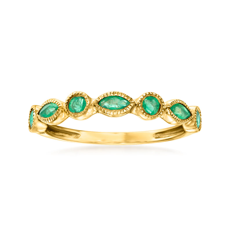 14kt yellow gold emerald ring with oval green gemstones in a curved band