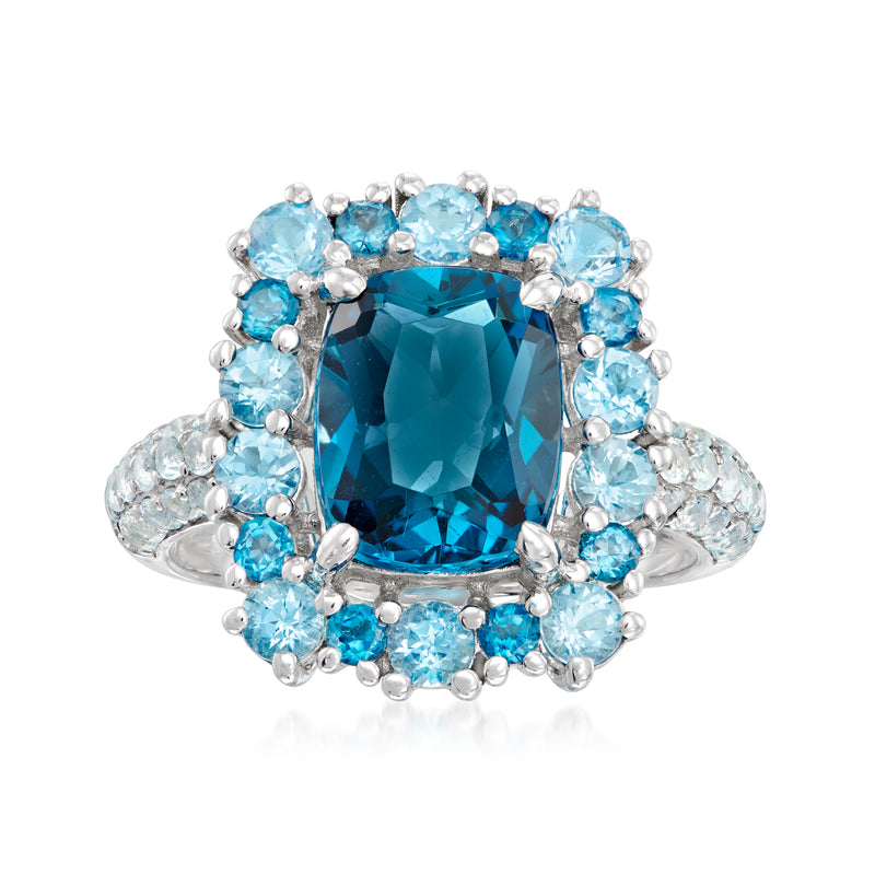 Sterling silver blue topaz halo ring with cushion-cut centerpiece