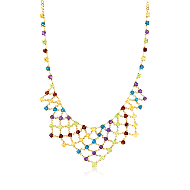 Multi-gemstone bib necklace with gold chain and colorful bead-like stones